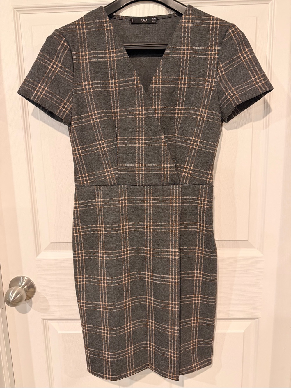 MNG by Mango Gray Plaid V-Neck Midi Dress